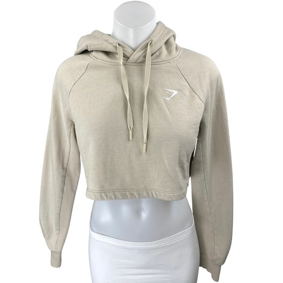 Gymshark Tops - Gymshark Women's Beige Long Sleeve Fleece Hoodie Hooded Crop Sweatshirt Top XS